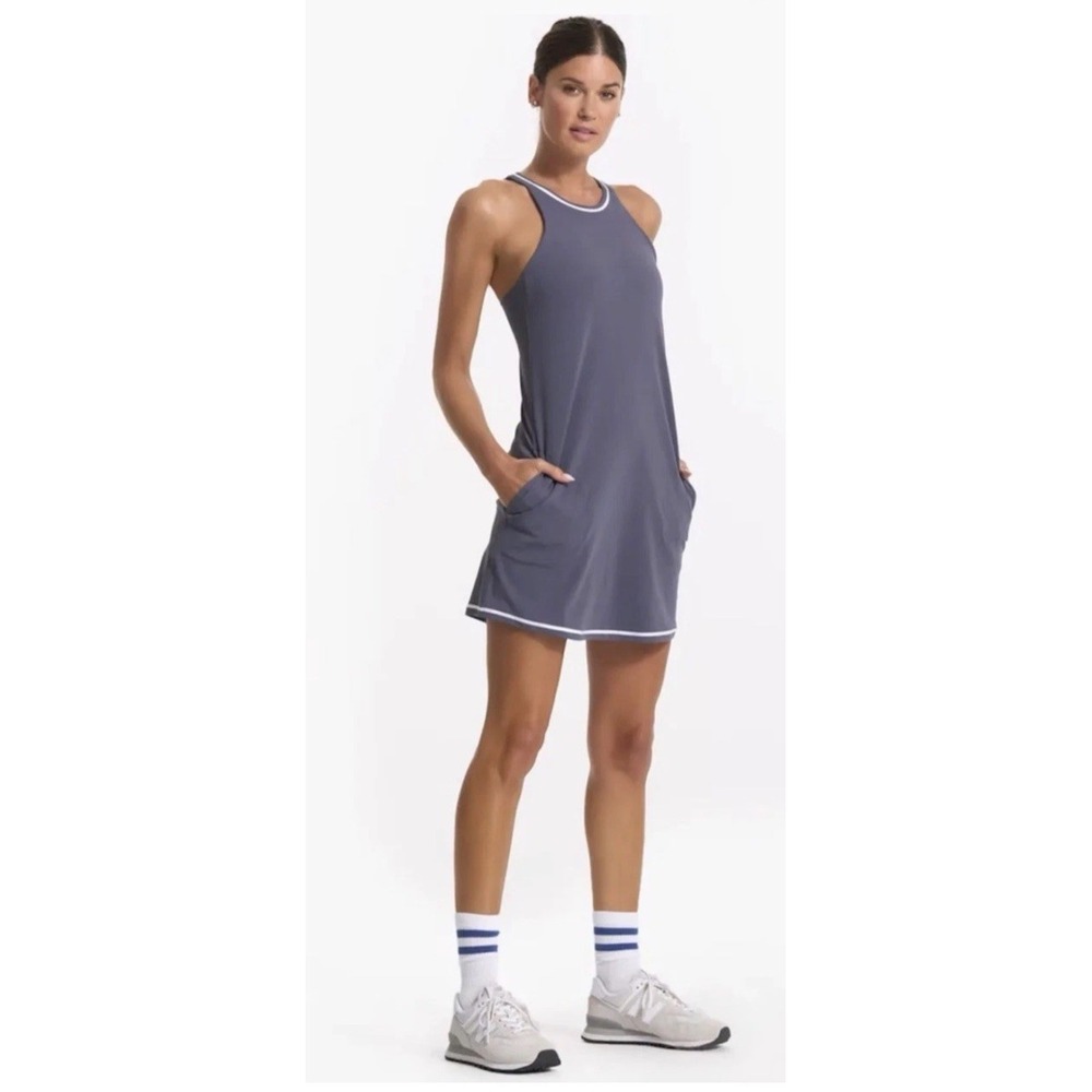 Vuori Slate Blue Racerback Mini Dress with White Trim